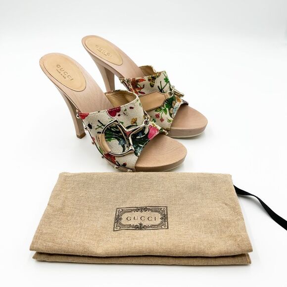 Gucci Horsebit Platform Floral Mules Sandals Heels Size 38, 8 - Picture 1 of 12